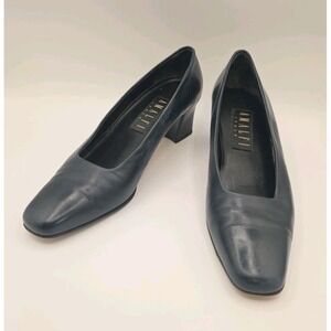 AMALFI Black Leather Pumps Block Heels Square Toe‎ Size 8.5 Made In ITALY